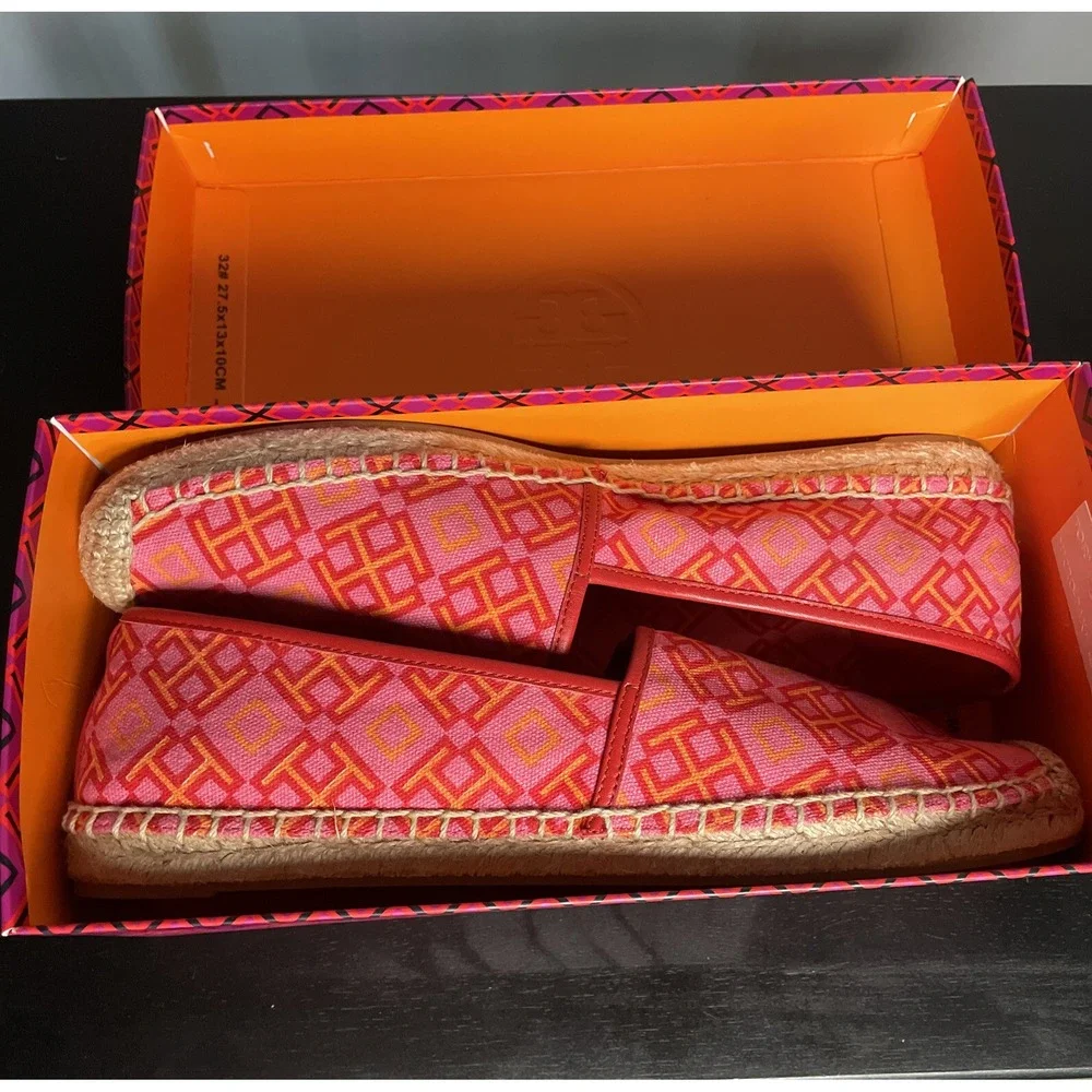 tory burch shoes espadrille Logo Pink Red Volcano Size 10.5 New With Box Flats
